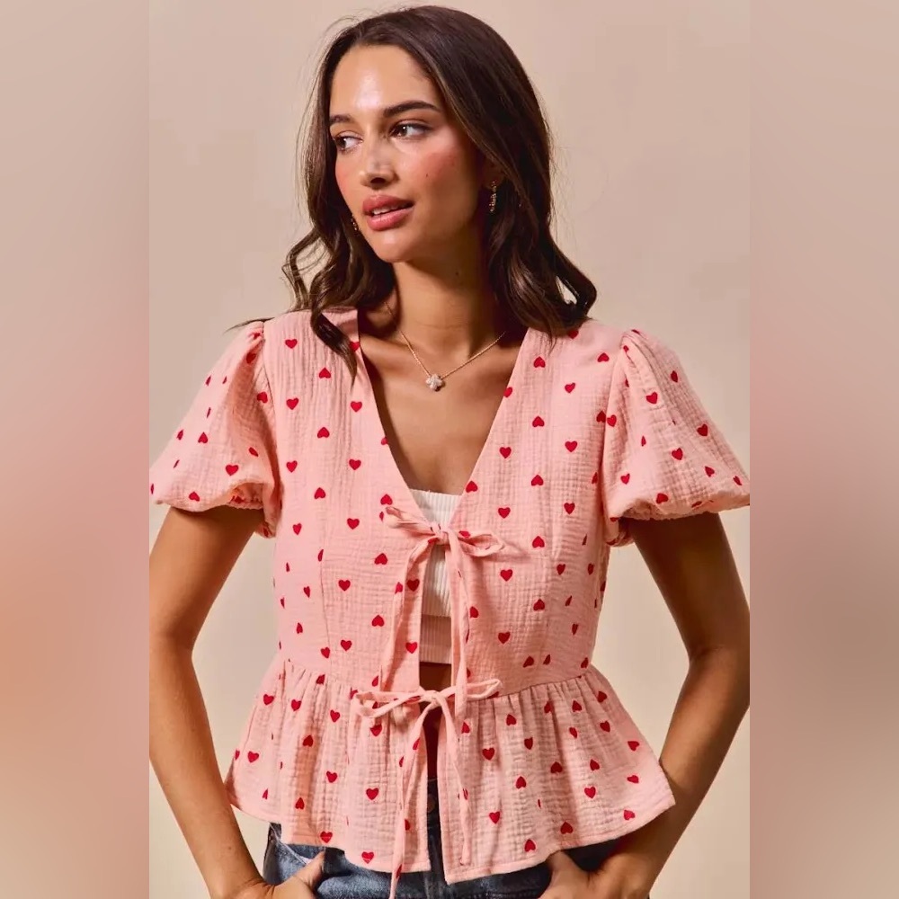 So Me All Over Heart Ribbon Tie Baby Doll Valentine Blouse- Medium